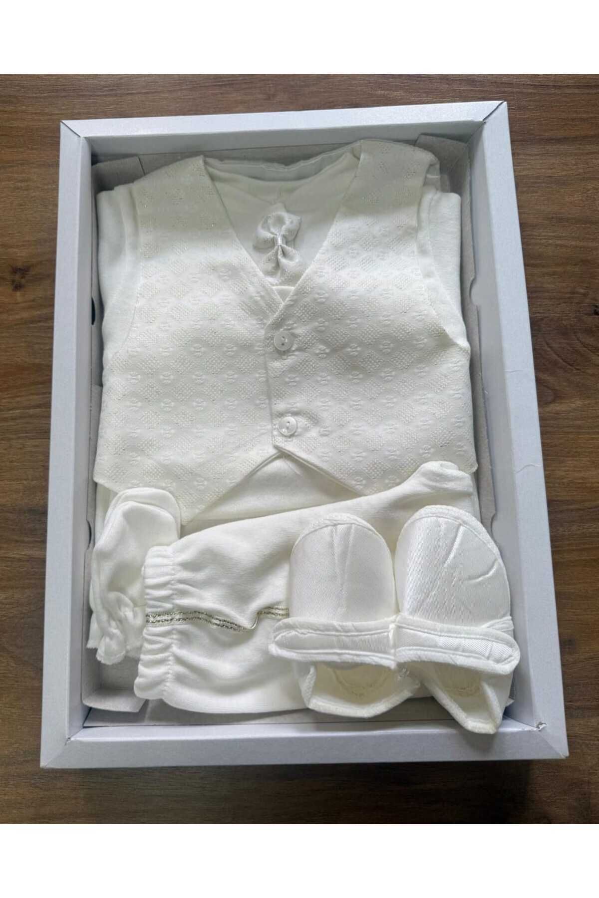 adeniko Erkek Bebek 5'li Mevlit Takımı Yelek Detaylı Pamuklu Renk Beyaz