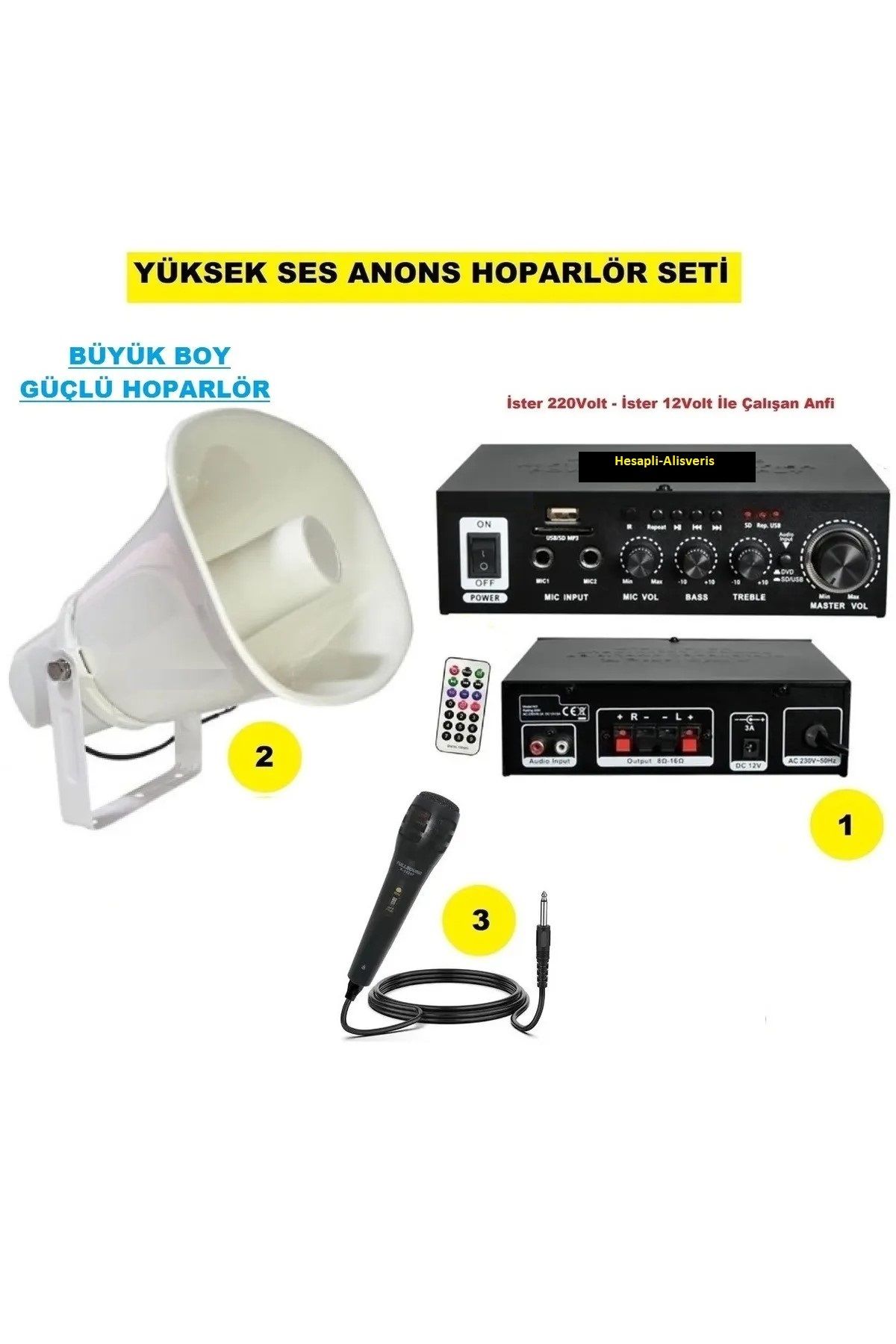 Hesapli Alisveris Yüksek Ses Anons Hoparlör Seti (Büyük Boy Hoparlör - Mikrofon - USB - SD Kart Girişli Mobil Anfi)