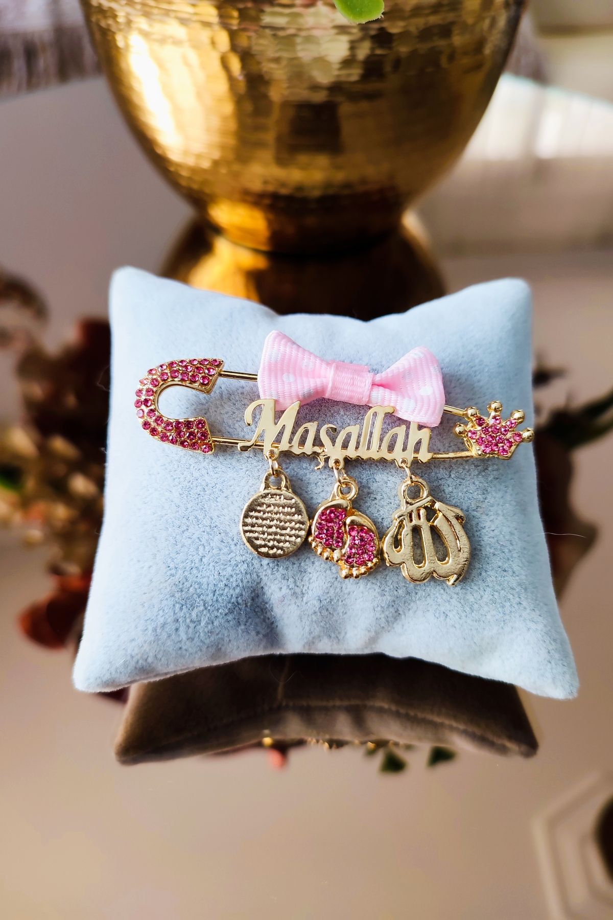 Sahi Aksesuar Pembe Puantiyeli Fiyonk Maşallah Yazılı Bebek Yaka Iğnesi - TYBEZYI1727