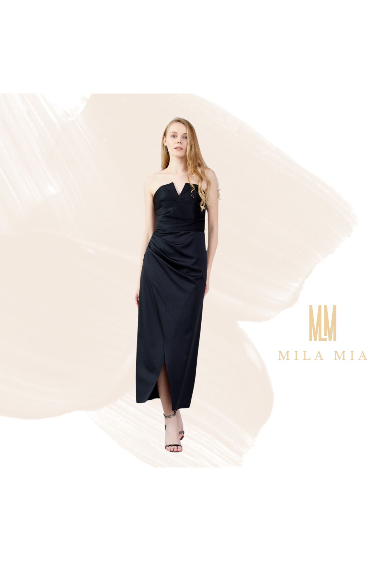 Butik Mila Mia Turkey Straplez Drapeli Kruvaze Yırtmaçlı Saten Siyah Abiye
