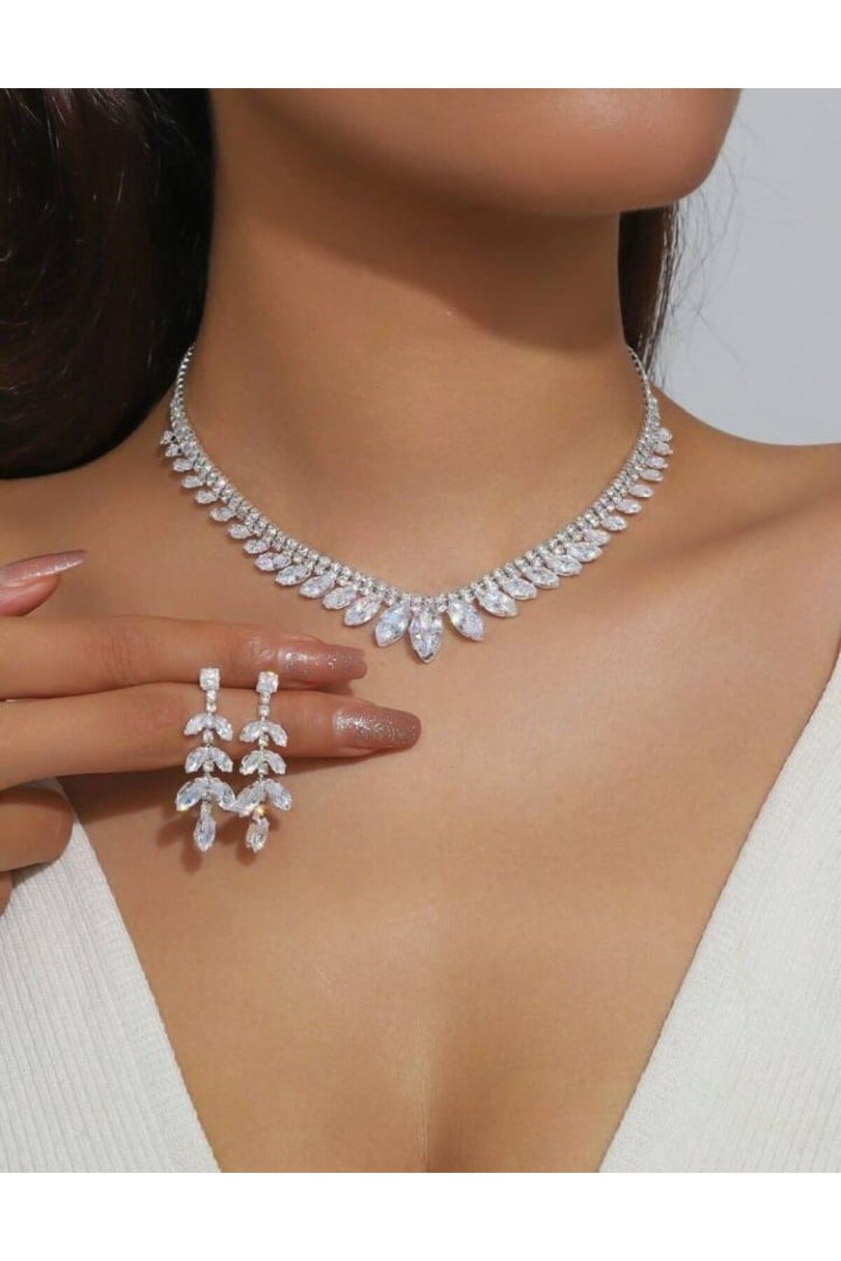 Ümaks Silvers Zirkon Taşlı Yaprak Model Kolye Küpe Seti Zarif Düğün Takı Seti Kına Takı Seti Nişan Takı Seti