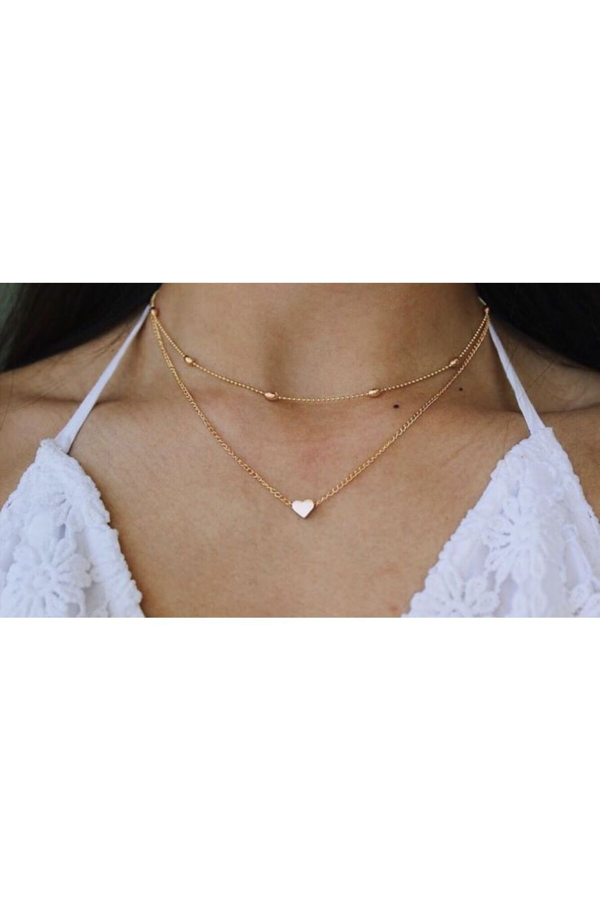 HISCOSMETIC Kadın Gold Mini Kalp Detaylı 2'li Kolye Seti