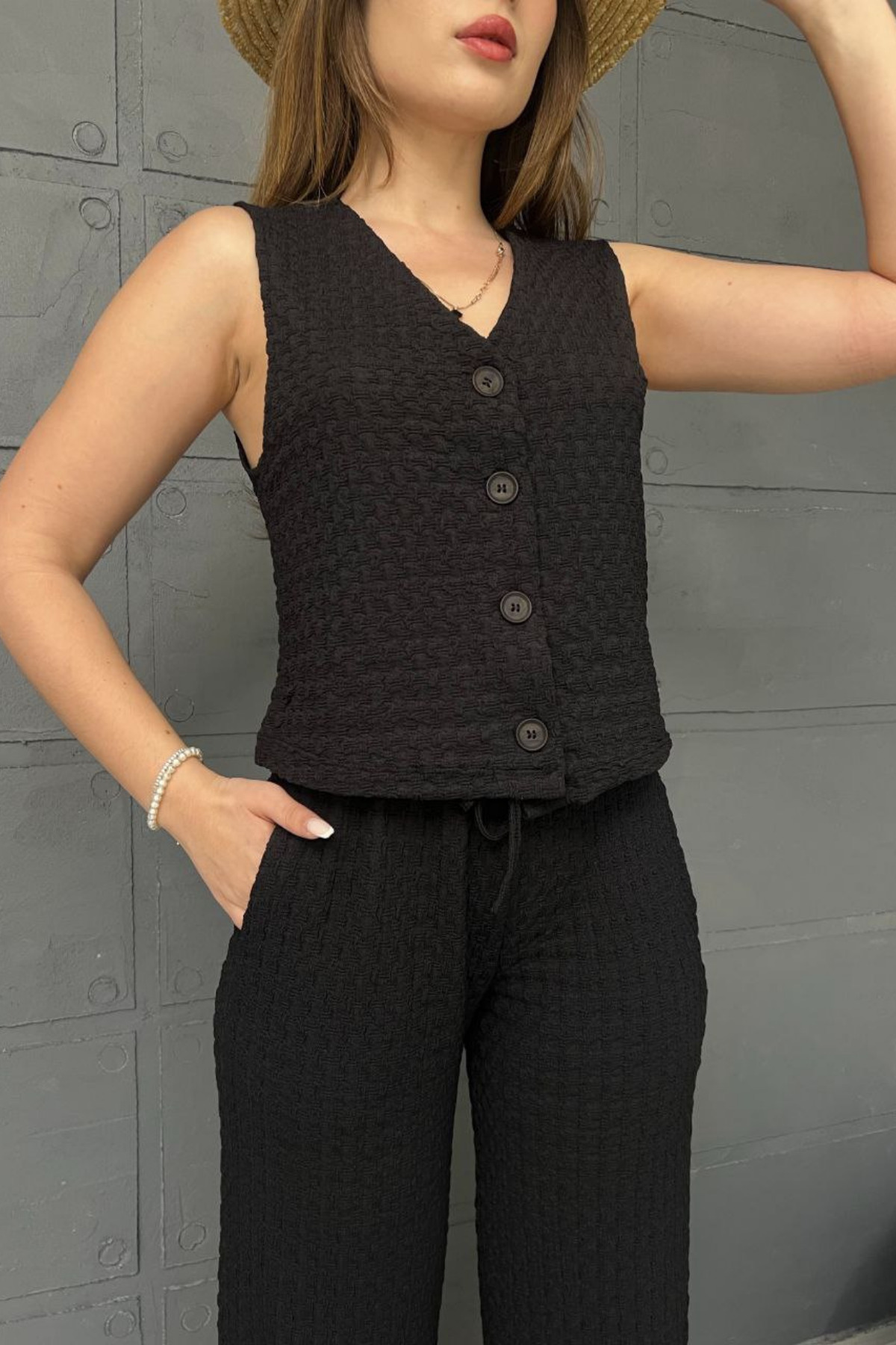 MOZENA-Buttoned Vest Trousers 2-Piece Seersucker Suit 3