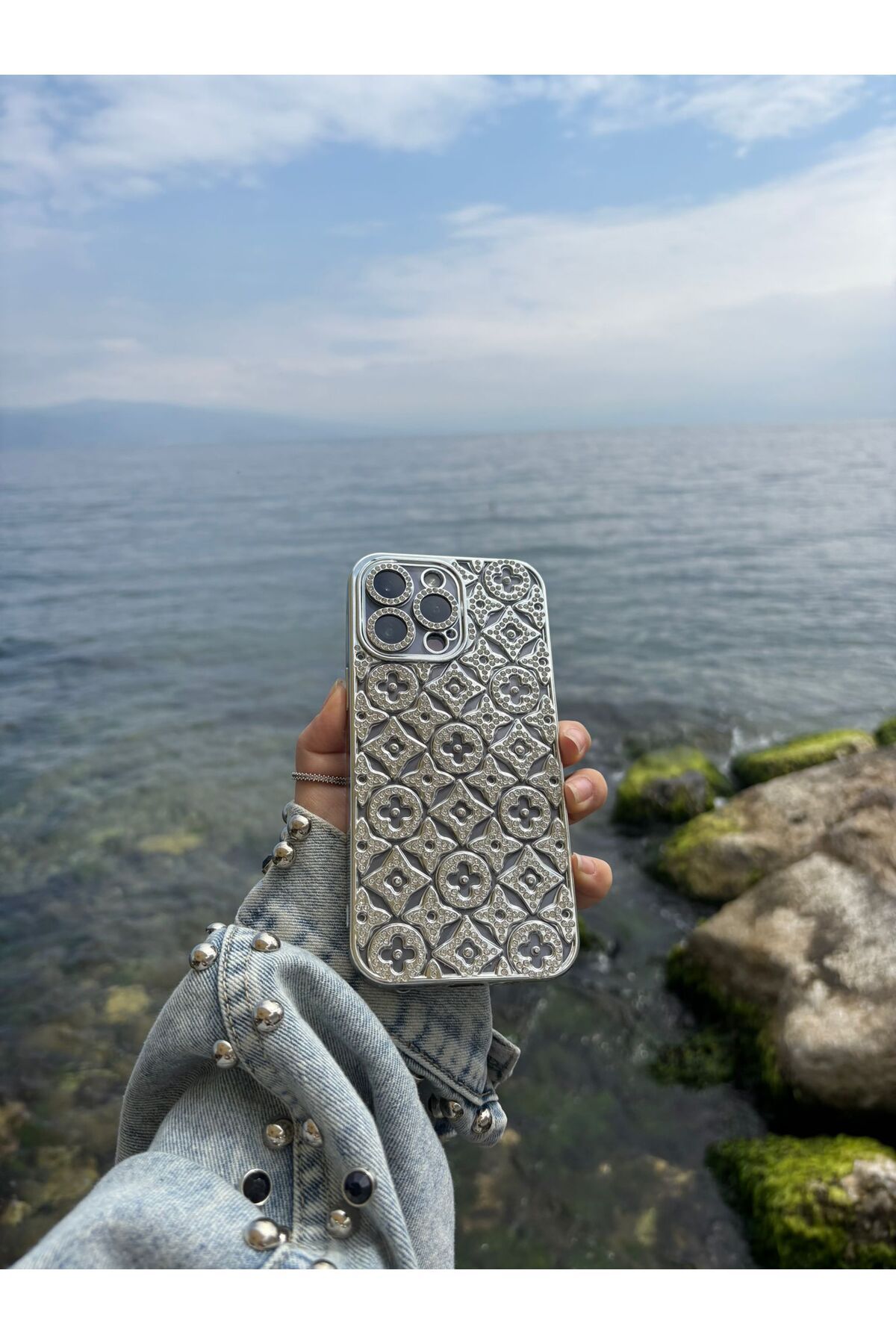 ccakgulcase Taşlı Gümüş Kılıf İphone 15 Pro Max