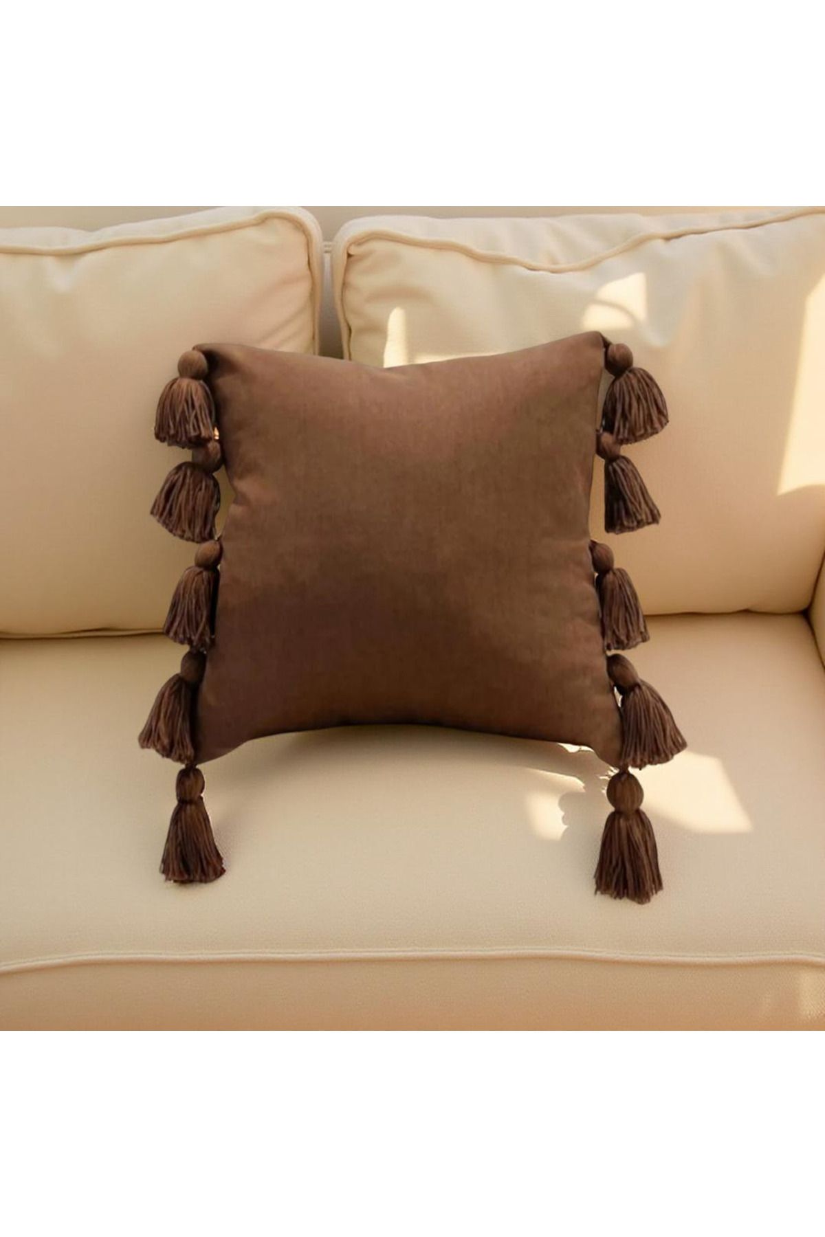 MS Store Kırlent kılıfı yastık kılıfı çok püsküllü Kahverengi 45×45 cm kırlent kılıfı