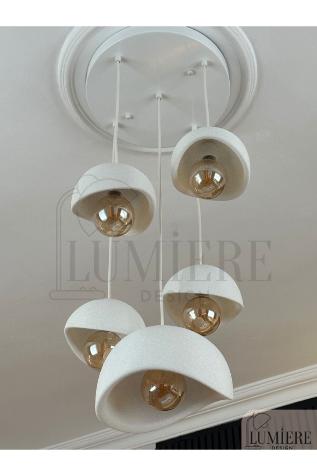 Lumiere Kumanda Kontrollü 5’li Beton Görünümlü Sarkıt Avize – Başlık çapları 30 cm, Gün Işığı Ampul Dahil.