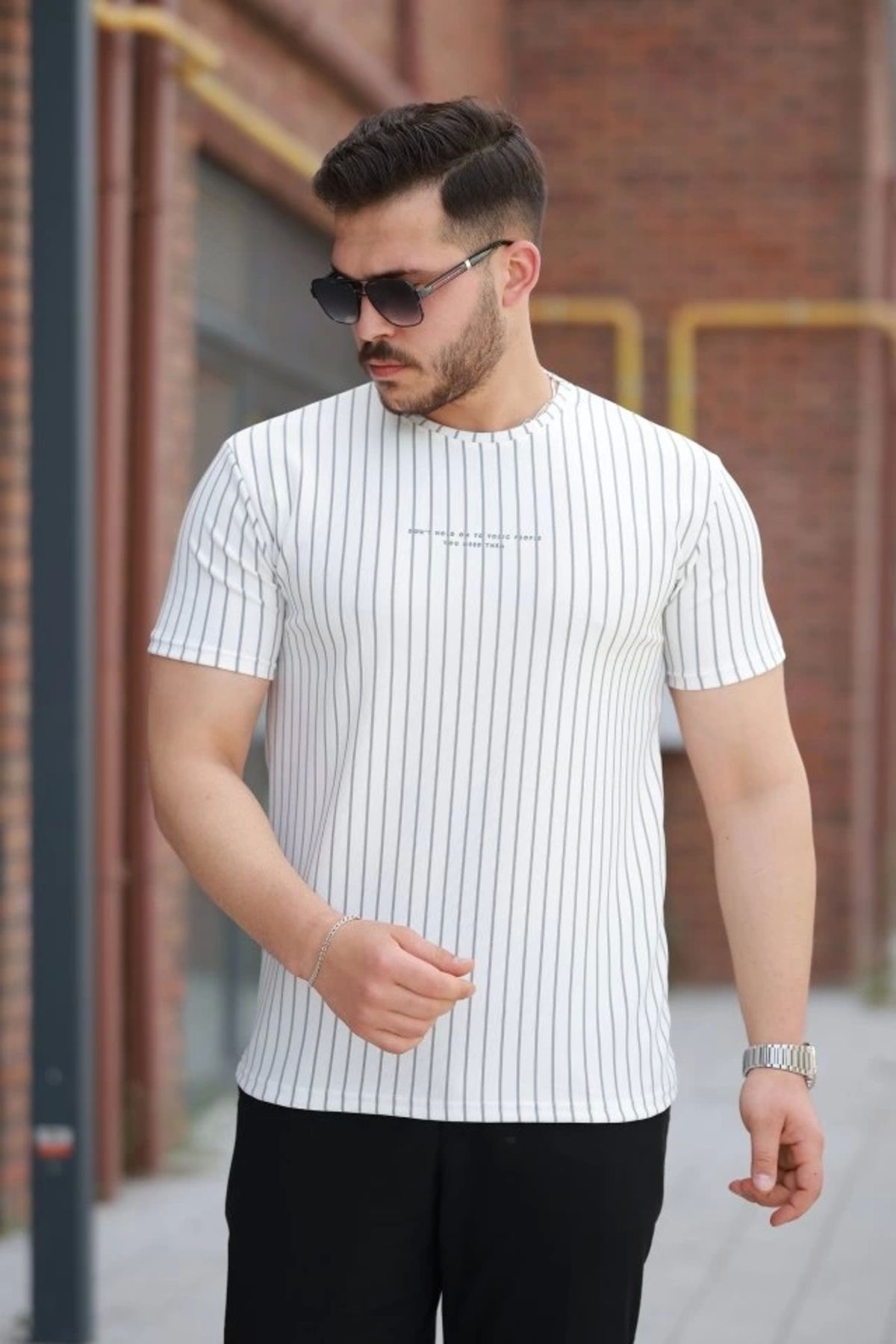 Silerra Erkek Dikey çizgili Ottoman Kumaş Kısa Kollu T-shirt