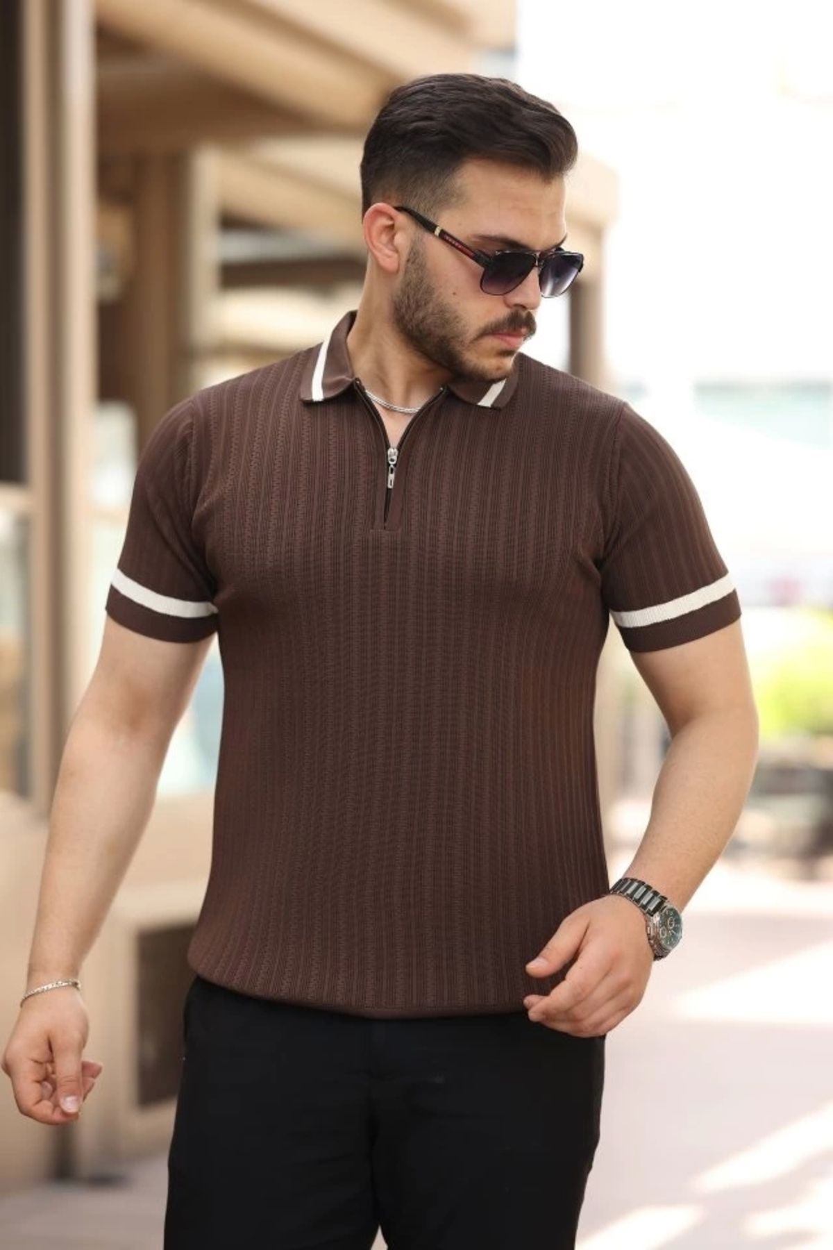 Silerra Erkek Yaka Ve Kolları çizgi Detaylı Fermuarlı Kısa Kollu T-shirt