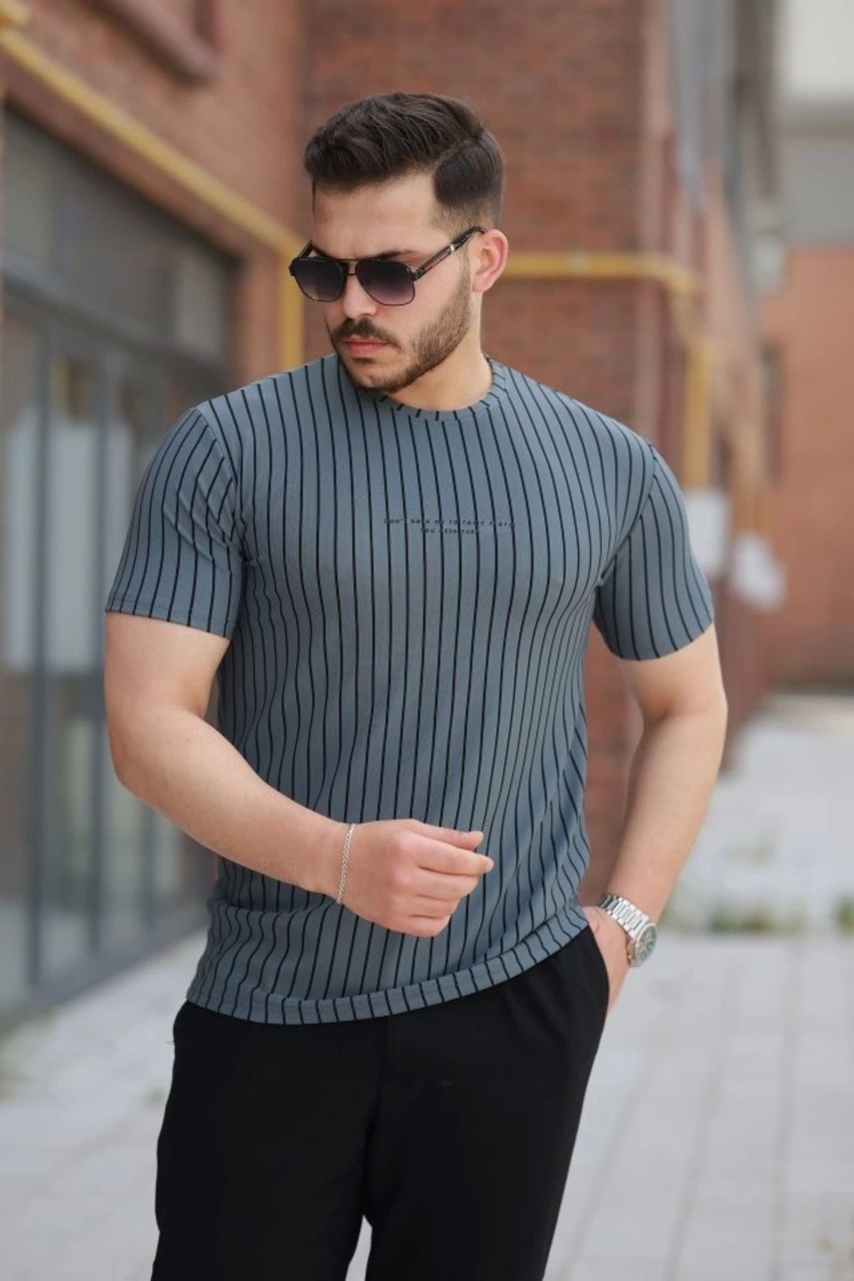 Silerra Erkek Dikey çizgili Ottoman Kumaş Kısa Kollu T-shirt