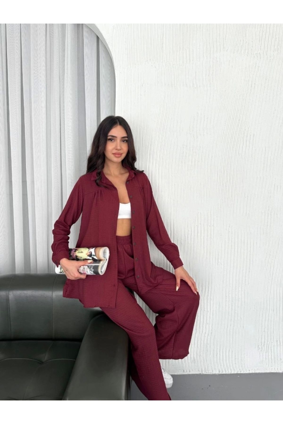 Silerra Yakalı Düğmeli Uzun Kollu Gömlek Pantolon Ikili Takım - Bordo