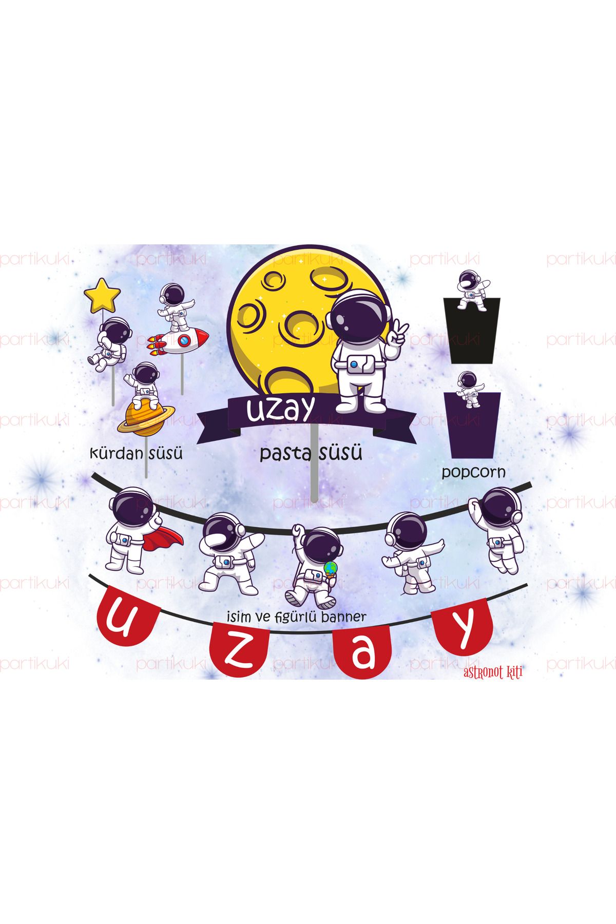 partikuki Kişiye Özel İsimli Uzay Gezegen Astronot Konsept Doğum Günü Pasta Cupcake Süsü Topper