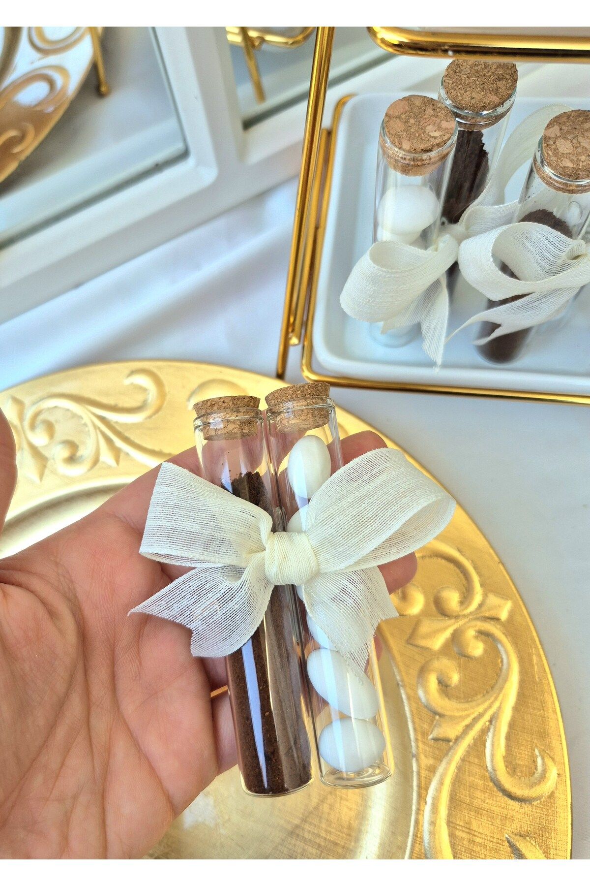 tutu hediye dükkanı 10 Adet Cam Tüp Kurdela ile İçerisinde Türk Kahvesi ve Nikah Şekeri NİKAH - NİŞAN - KINA