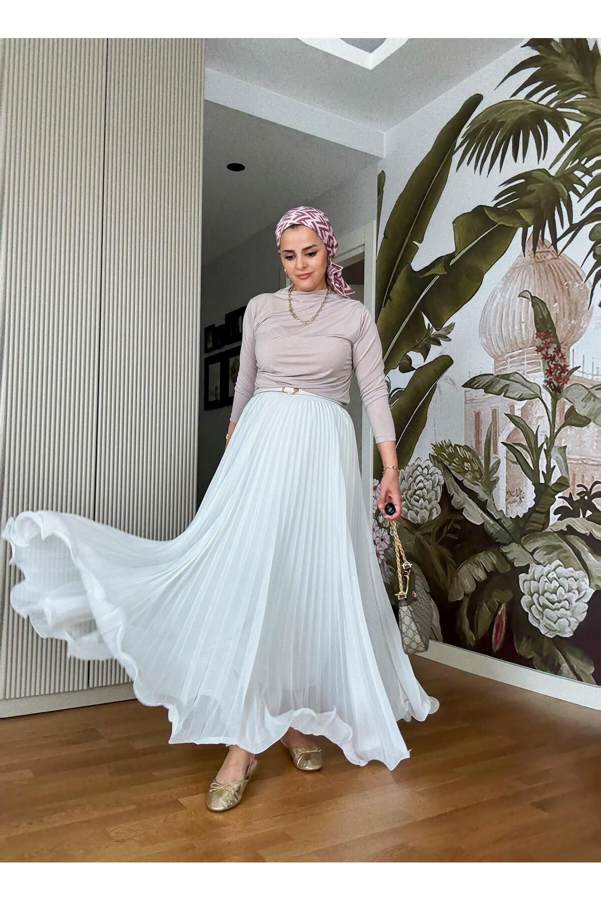 Aselim Hijap Moda Şifon Pileli Etekli Sandy Bluz Takım – Zamansız Şıklık Ekru