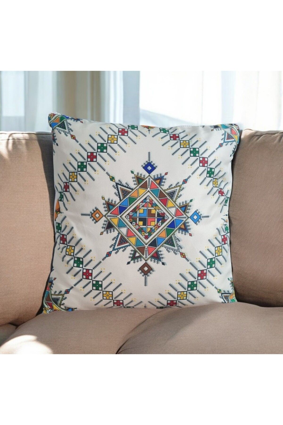Mutlu Köşe Dijital Baskı Etnik Kilim Desenli Pamuklu Kırlent Kılıfı