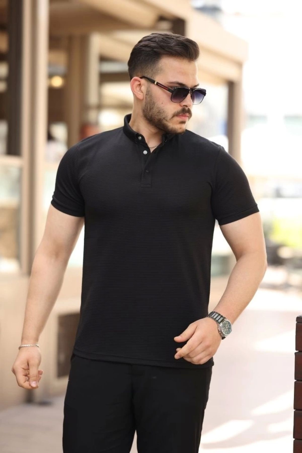 Silerra Erkek çizgi Dokulu çıtçıt Yakalı Kısa Kollu T-shirt