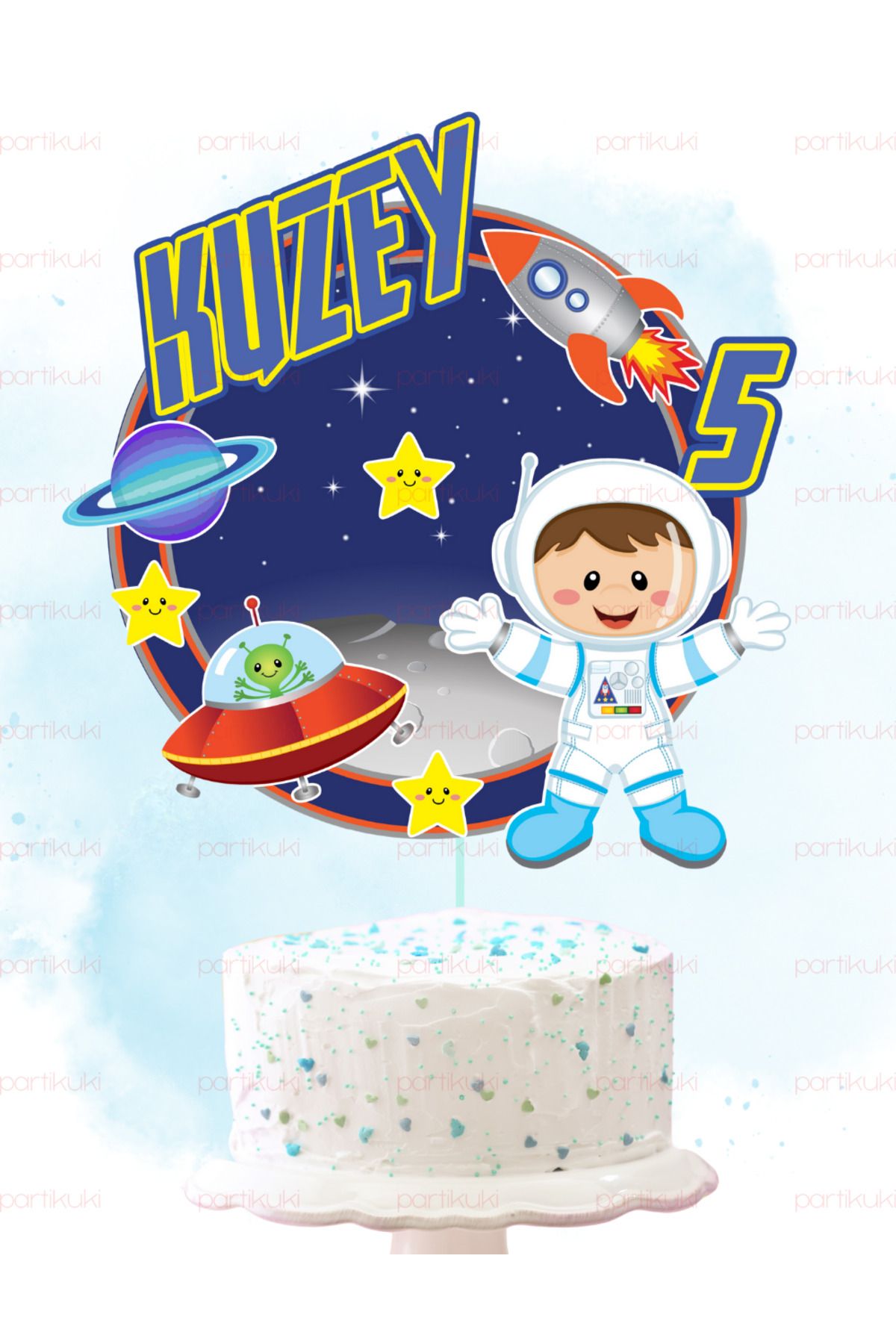 partikuki Kişiye Özel İsimli Uzay Gezegen Astronot Konsept Doğum Günü Pasta Cupcake Süsü Topper