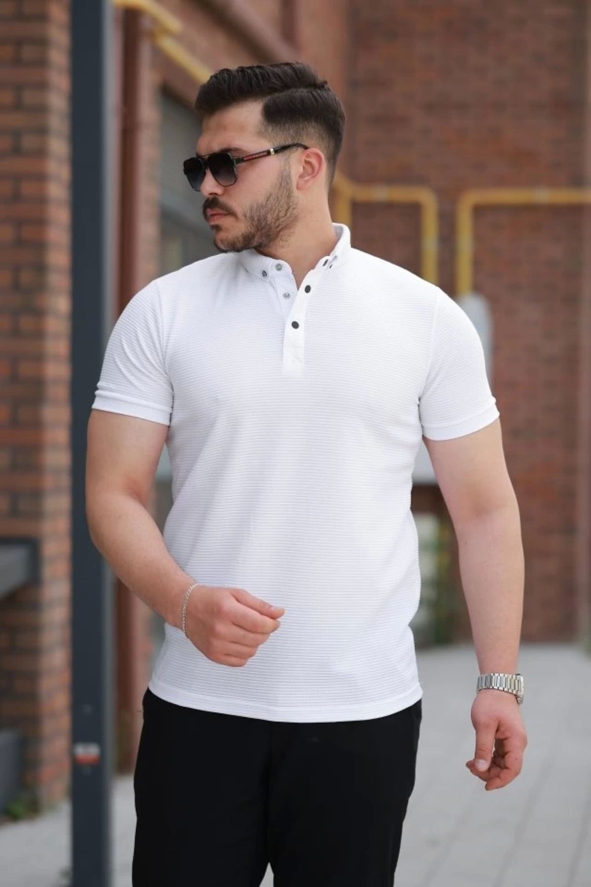Silerra Erkek çizgi Dokulu çıtçıt Yakalı Kısa Kollu T-shirt