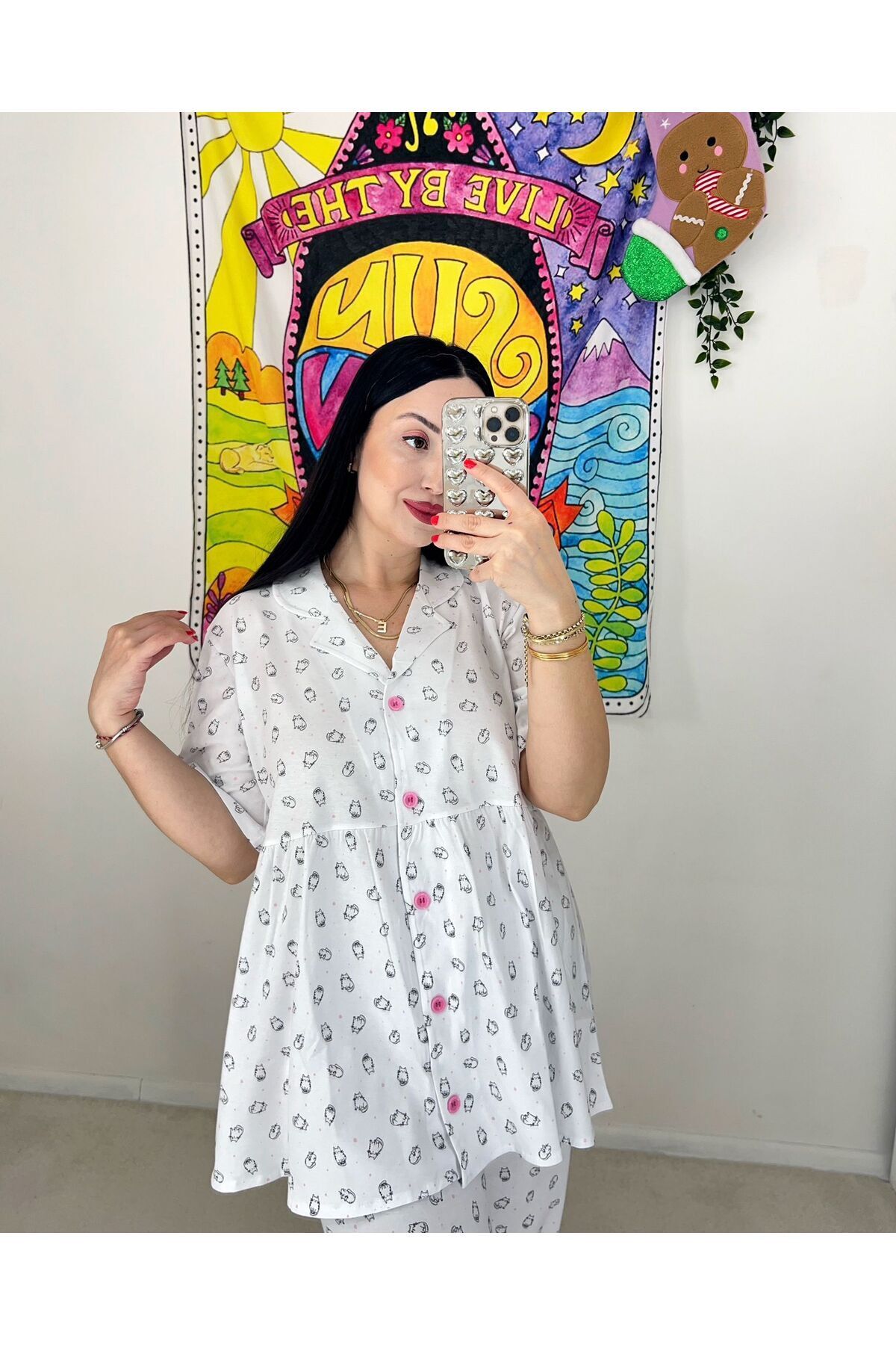Pijamapartisi Kedicik desenli penye pamuk kumaş kısa kol geniş kalıp hamile lohusa pijama takımı