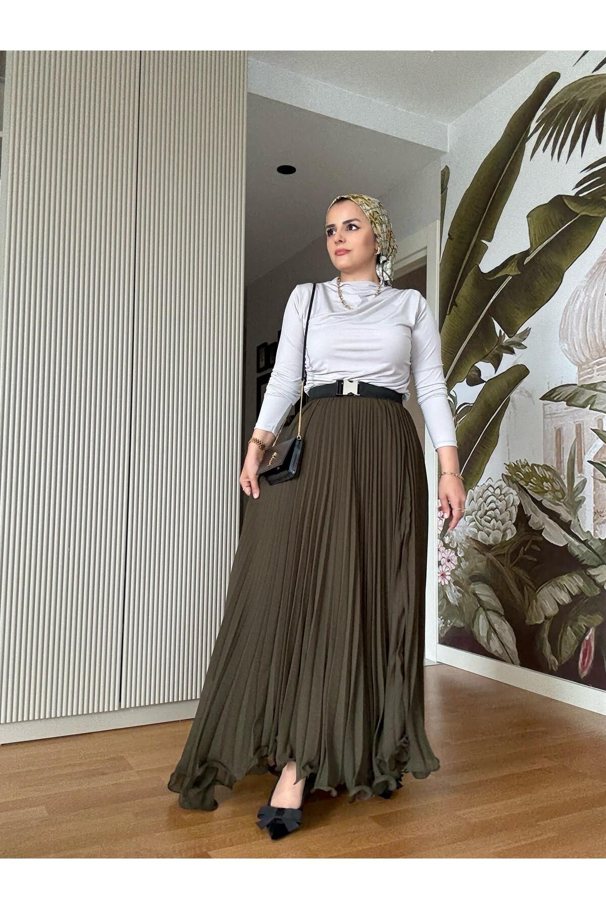 Aselim Hijap Moda Şifon Pileli Etekli Sandy Bluz Takım – Zamansız Şıklık Yeşil