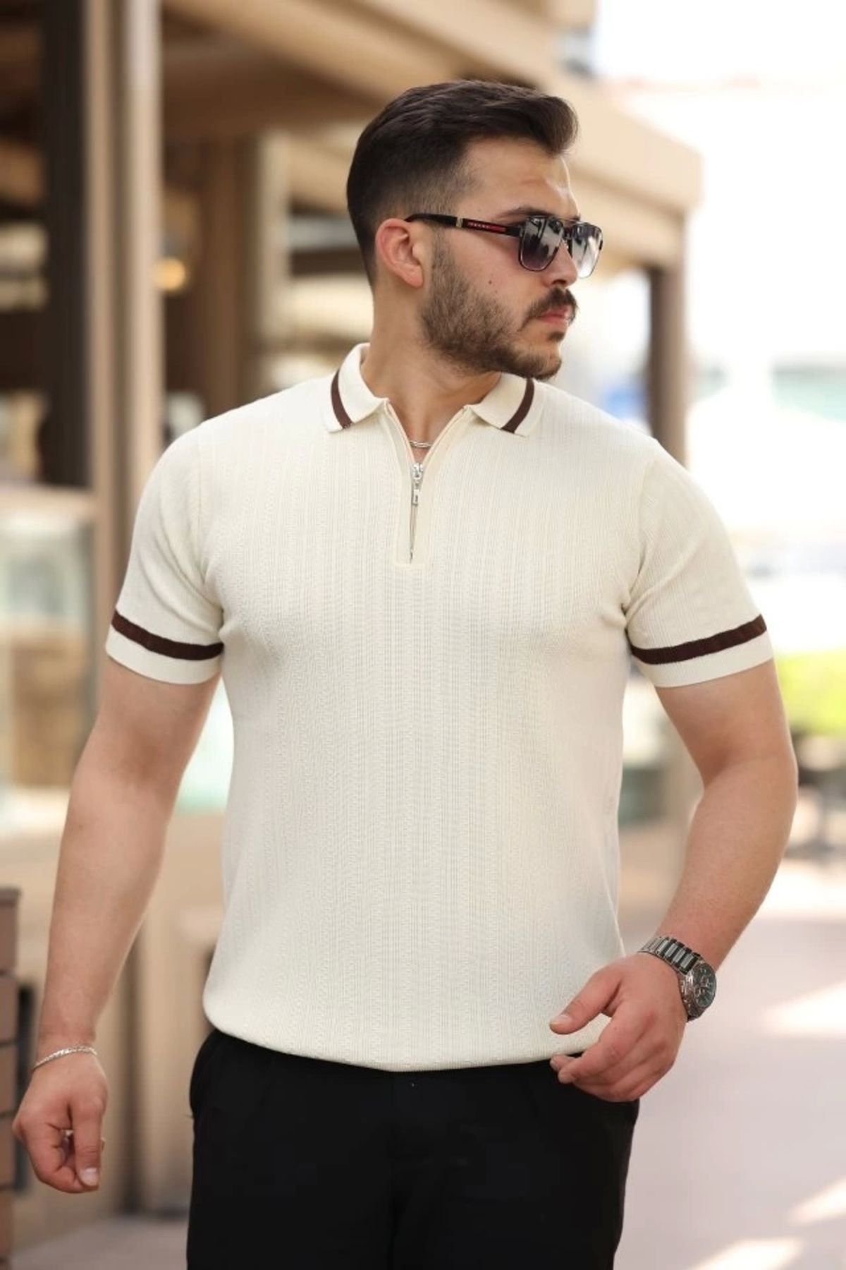 Silerra Erkek Yaka Ve Kolları çizgi Detaylı Fermuarlı Kısa Kollu T-shirt