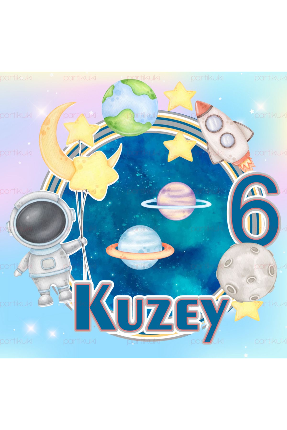 partikuki Kişiye Özel İsimli Uzay Gezegen Astronot Konsept Doğum Günü Pasta Cupcake Süsü Topper