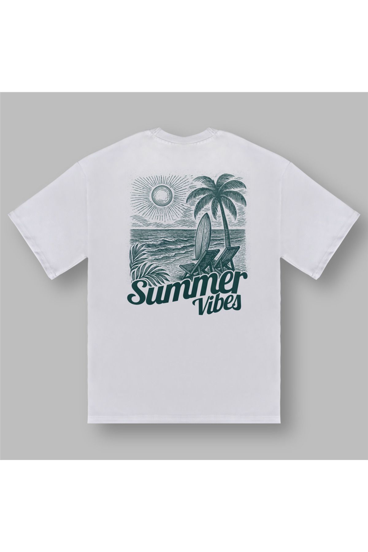 BOYANOVA Summer Vibes Palmiye Desenli Oversize Beyaz Tişört
