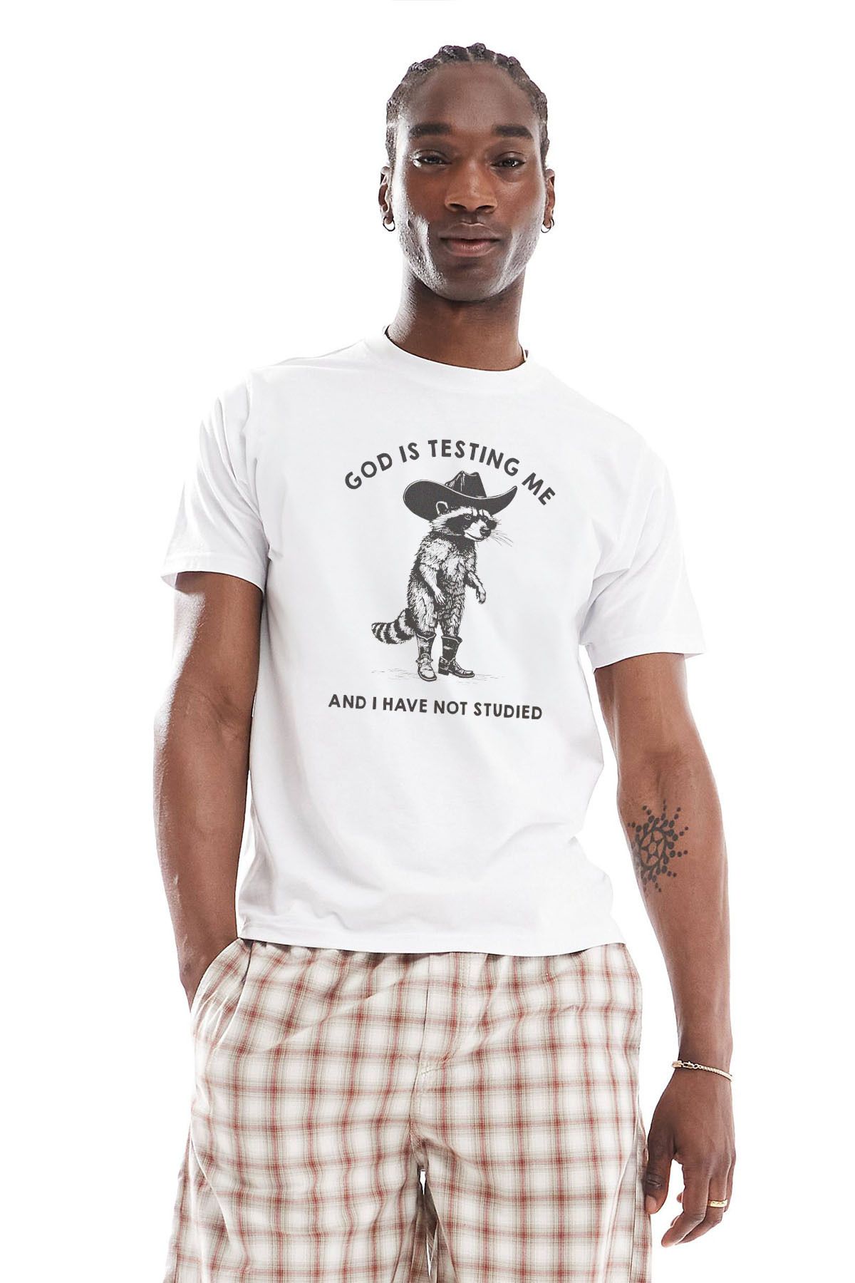 Tee&more. Unisex Regular Fit God is Testing Me Rakun Baskılı Premium T-shirt