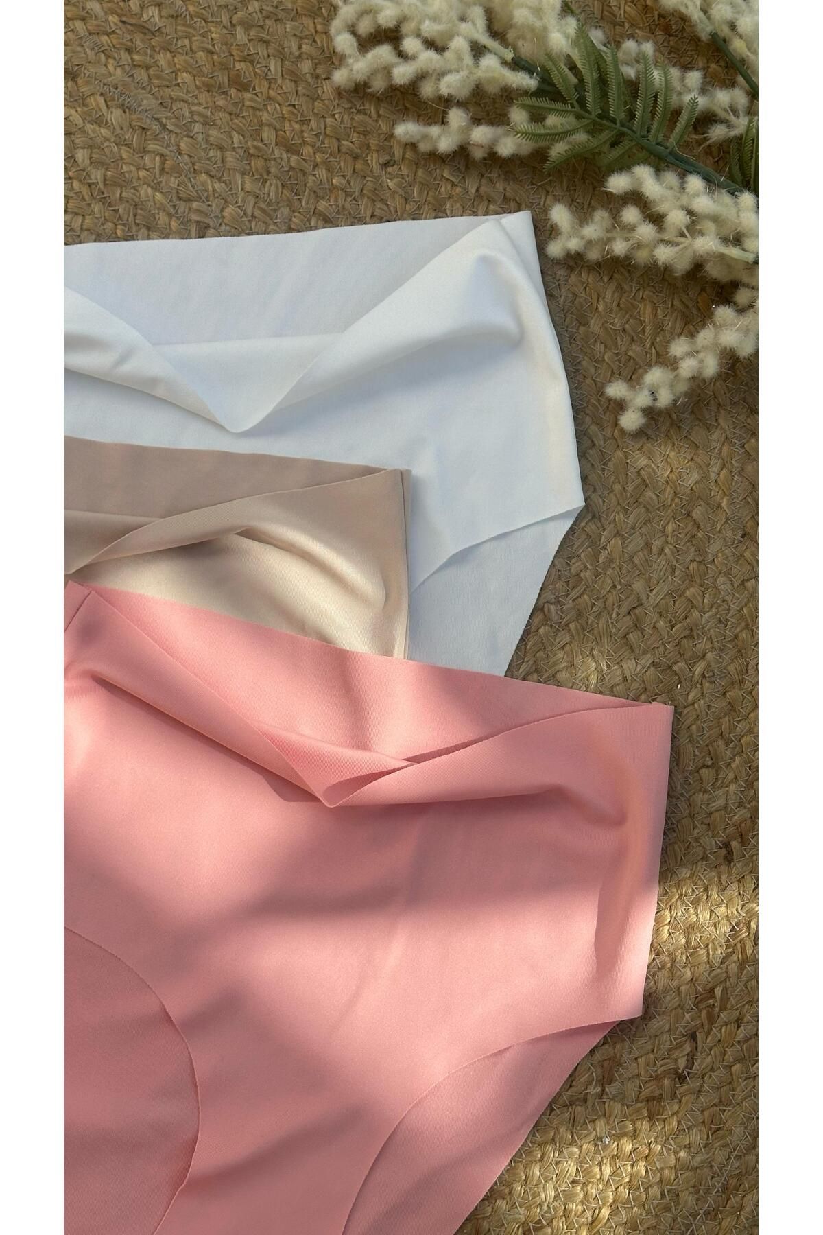 BERBUR STORE 3LÜ Lazer Kesim Yüksek Bel Külot Bikini BEYAZ BEJ PUDRA