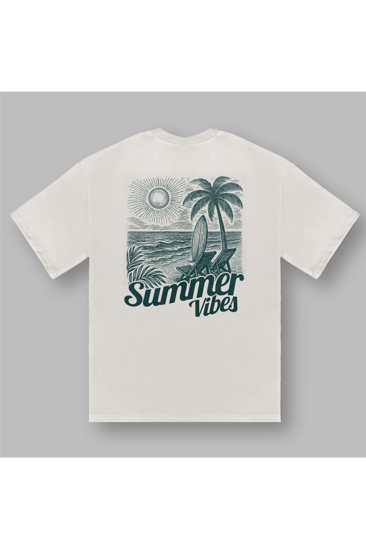 BOYANOVA Summer Vibes Palmiye Desenli Oversize Ekru Tişört