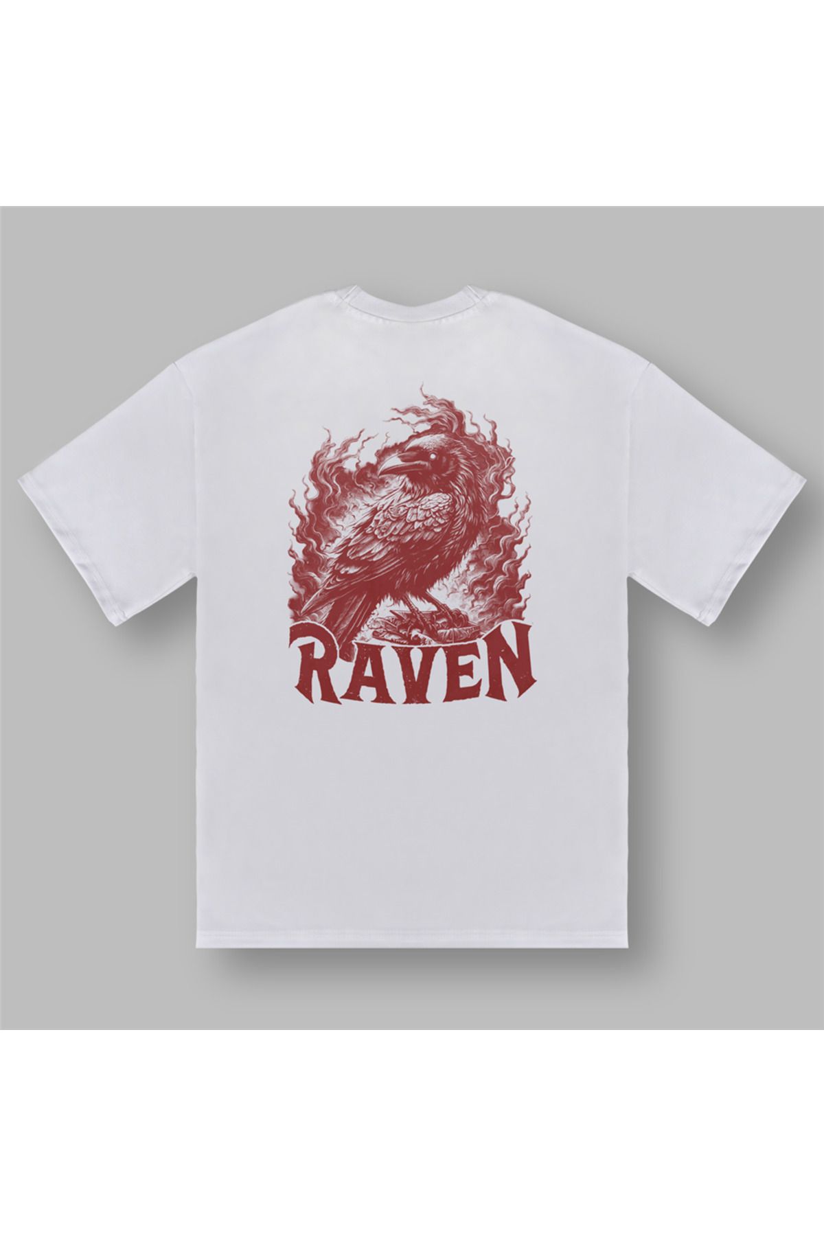 BOYANOVA Kırmızı Kuzgun RAVEN Baskılı Beyaz Tişört
