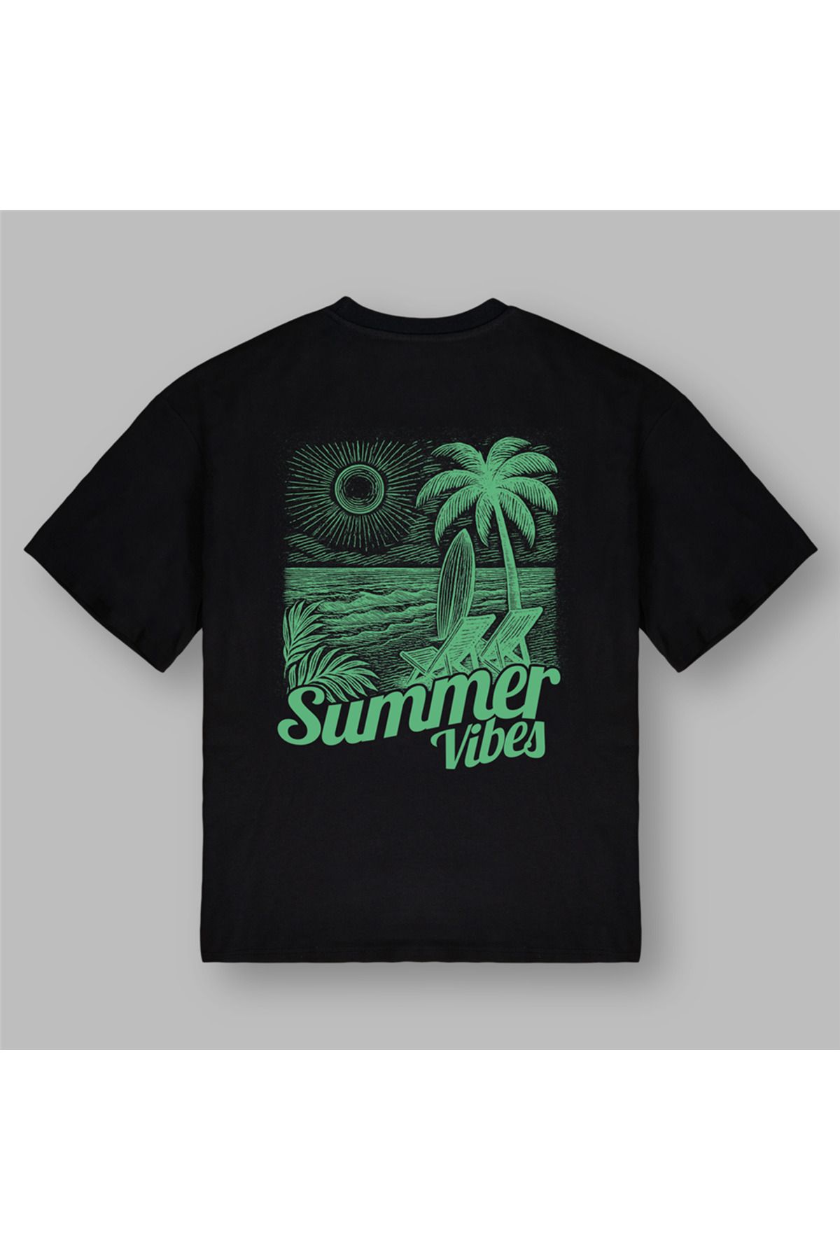 BOYANOVA Summer Vibes Palmiye Desenli Oversize Siyah Tişört