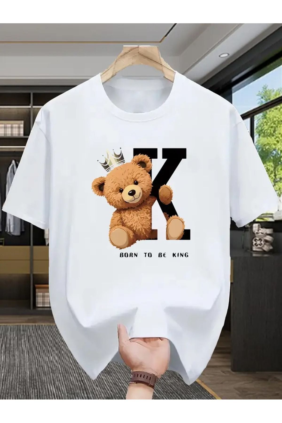 Massgai Unisex Bear Born To Be King Baskılı Oversize %100 Pamuk T-shirt