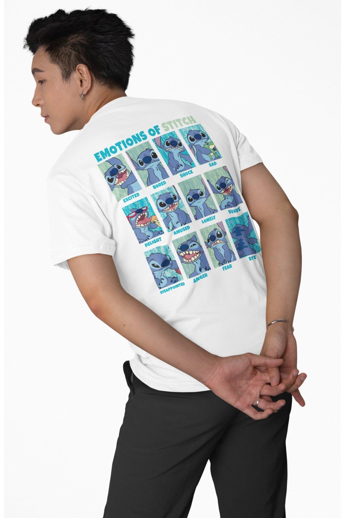 Fuddy Moda Unisex Emotions Of Stich Sırt Baskılı Tişört, Oversize Çizgi Film Temalı T-shirt