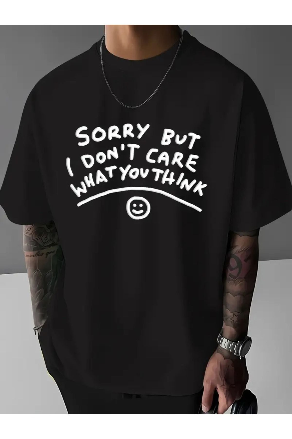 Massgai Unisex Sorry But I Don't Care Baskılı Oversize %100 Pamuk T-shirt