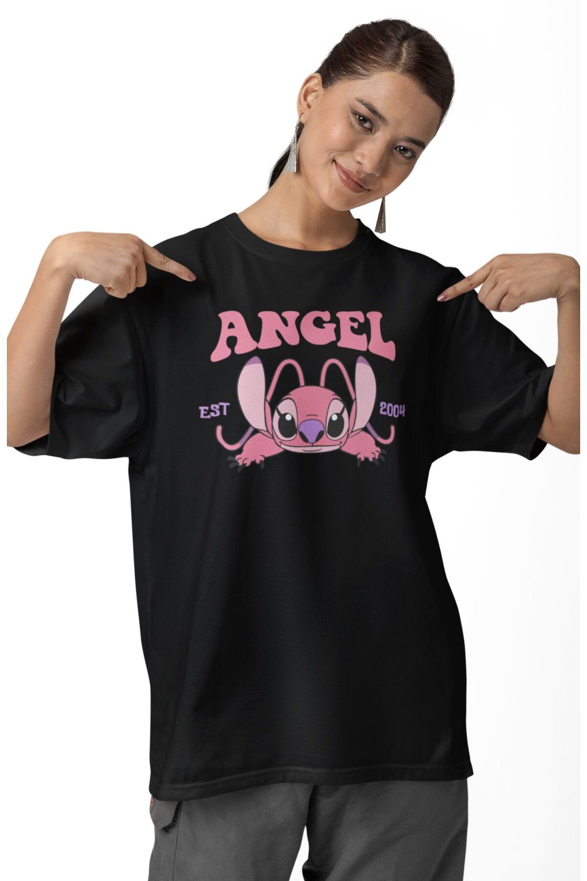 Fuddy Moda Oversize Angel Est 2004 Yazılı Tişört, Unisex Sevimli Çizgi Film Karakteri Temalı T-shirt