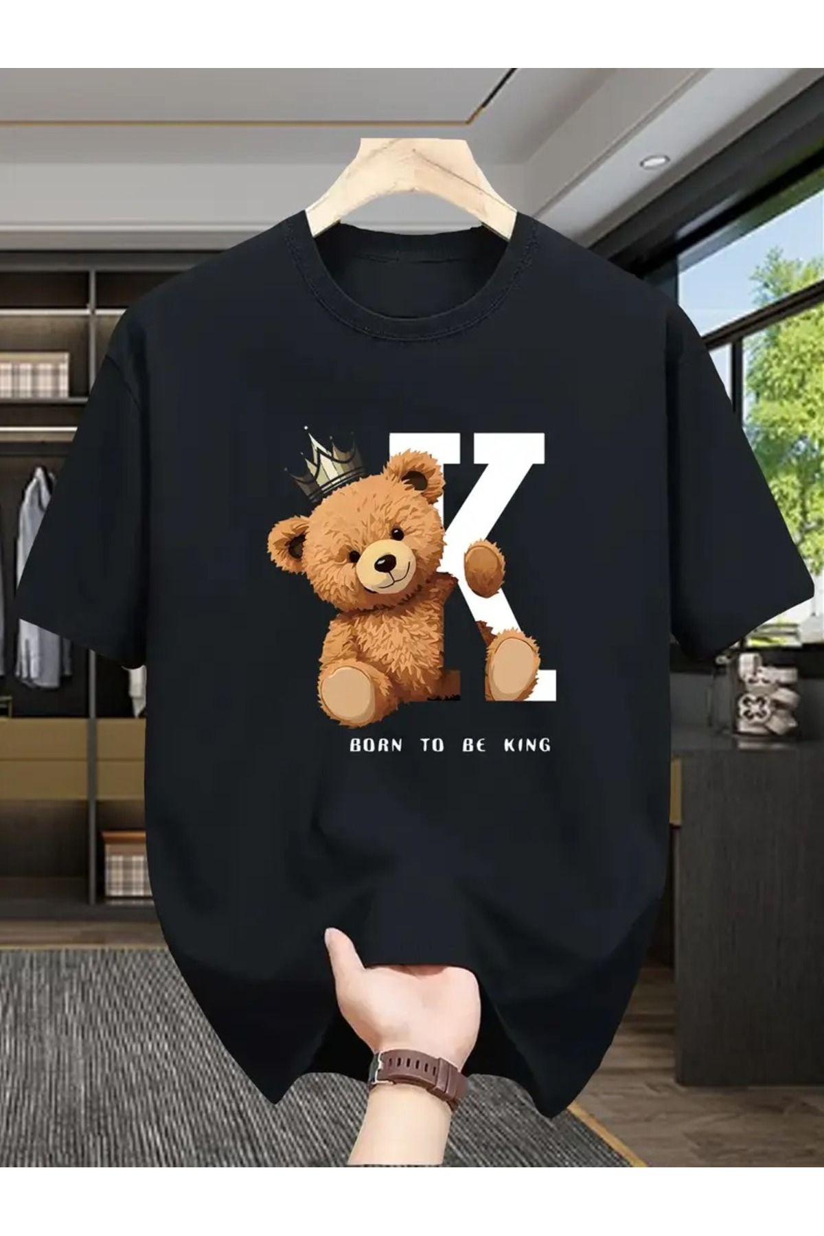Massgai Unisex Bear Born To Be King Baskılı Oversize %100 Pamuk T-shirt