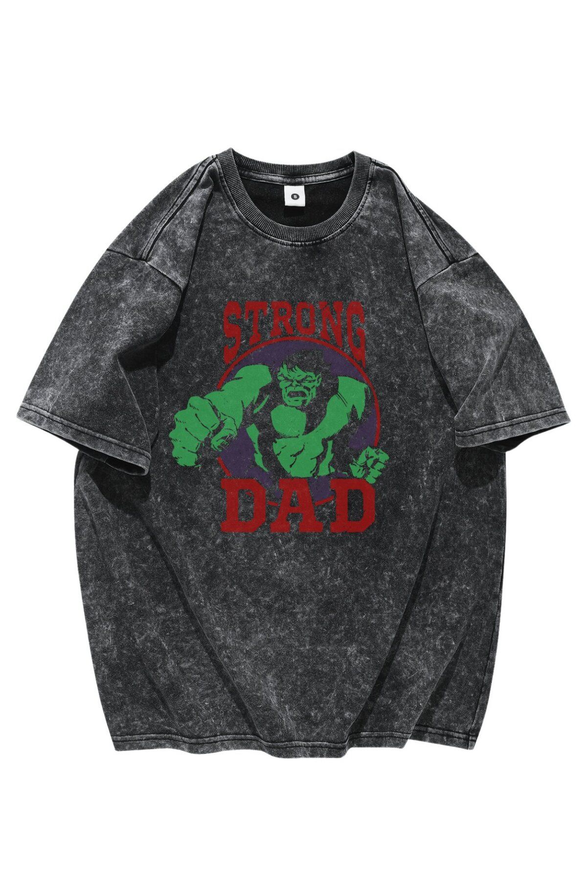Fuddy Moda Hulk Strong Dad Yazılı Yıkamalı Tişört, Oversize Babalar Günü Temalı Vintage T-Shirt