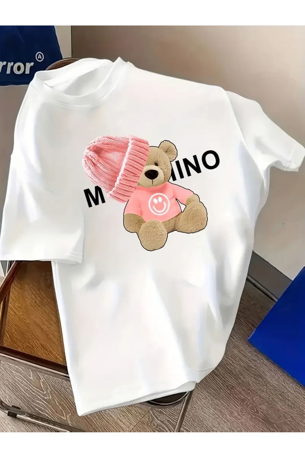 Massgai Unisex Smile Bear Pink Baskılı Oversize %100 Pamuk T-shirt