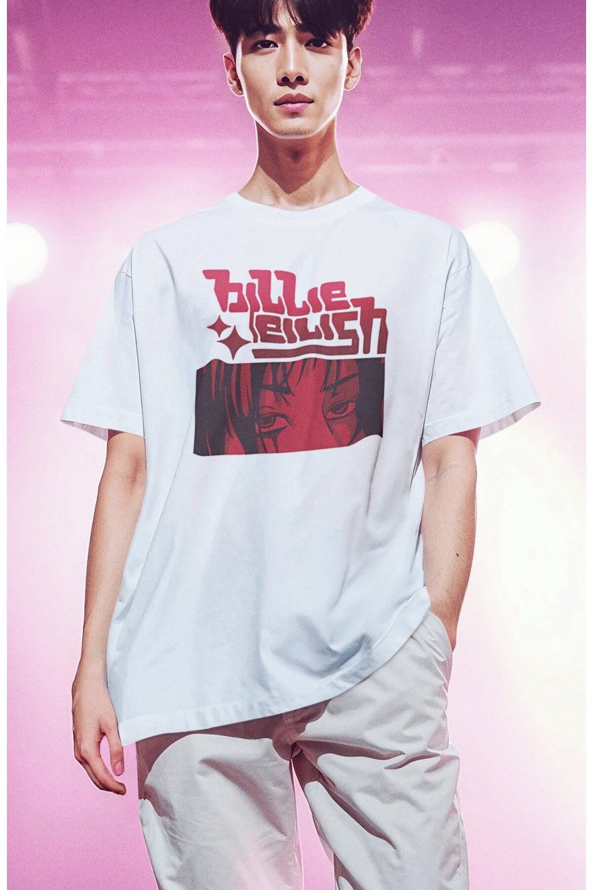 Fuddy Moda Unisex Anime Style Billie Eilish Baskılı Tişört, Oversize Müzik Temalı T-shirt