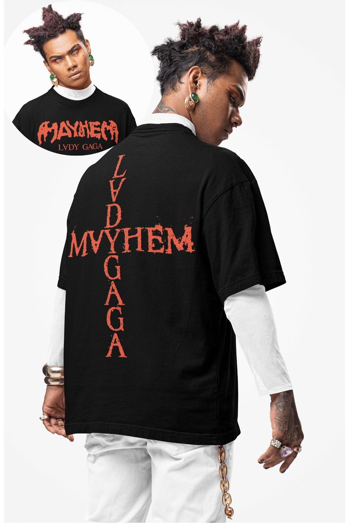 Fuddy Moda Unisex Mayhem Ve Lady Gaga Sırt Baskılı Tişört, Oversize Müzik Temalı T-shirt
