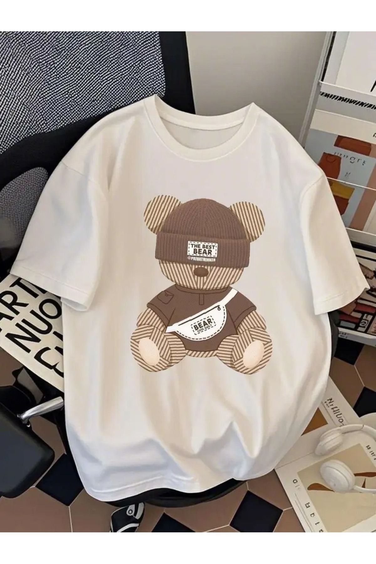 Massgai Unisex The Best Bear Baskılı Oversize %100 Pamuk T-shirt