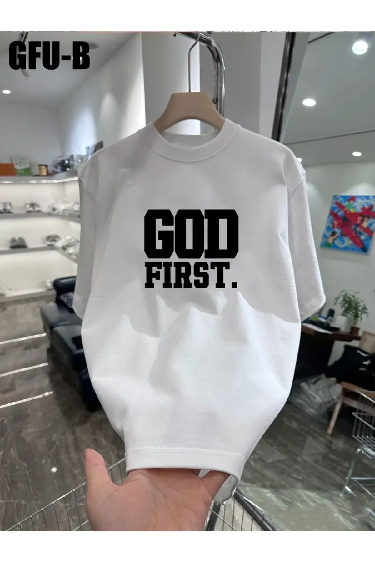 Massgai Unisex God First Baskılı Oversize %100 Pamuk T-shirt
