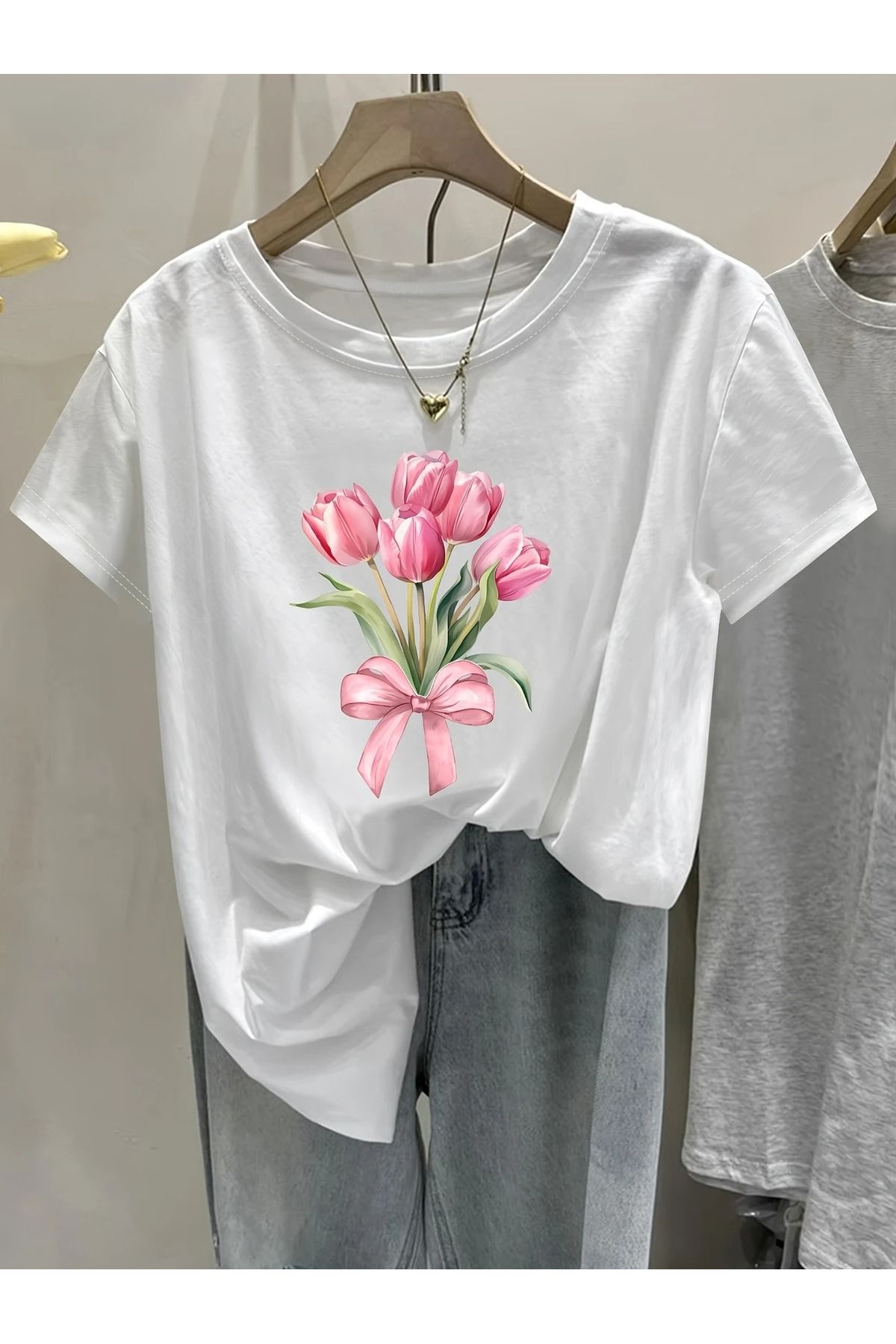 Massgai Unisex Pink Flower Çiçek Baskılı Oversize %100 Pamuk T-shirt
