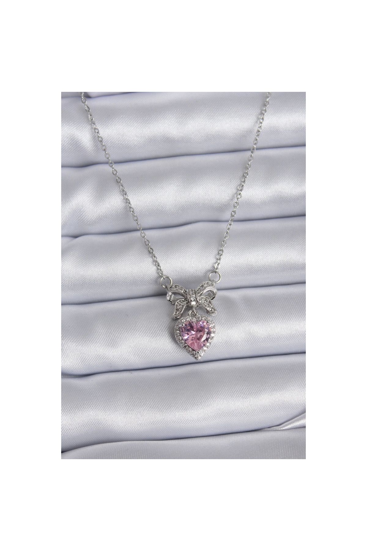 MİRALİVE 316L Çelik Gümüş Renk Zincir Pembe Kristal Kalp Zirkon Taşlı Kurdele Model Kadın Kolye - TJ-BKO7746