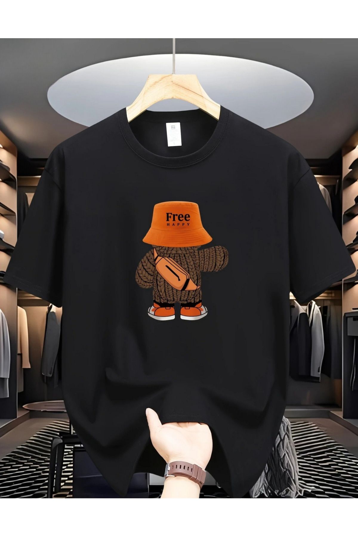 Massgai Unisex Free Happy Bear Baskılı Oversize %100 Pamuk T-shirt