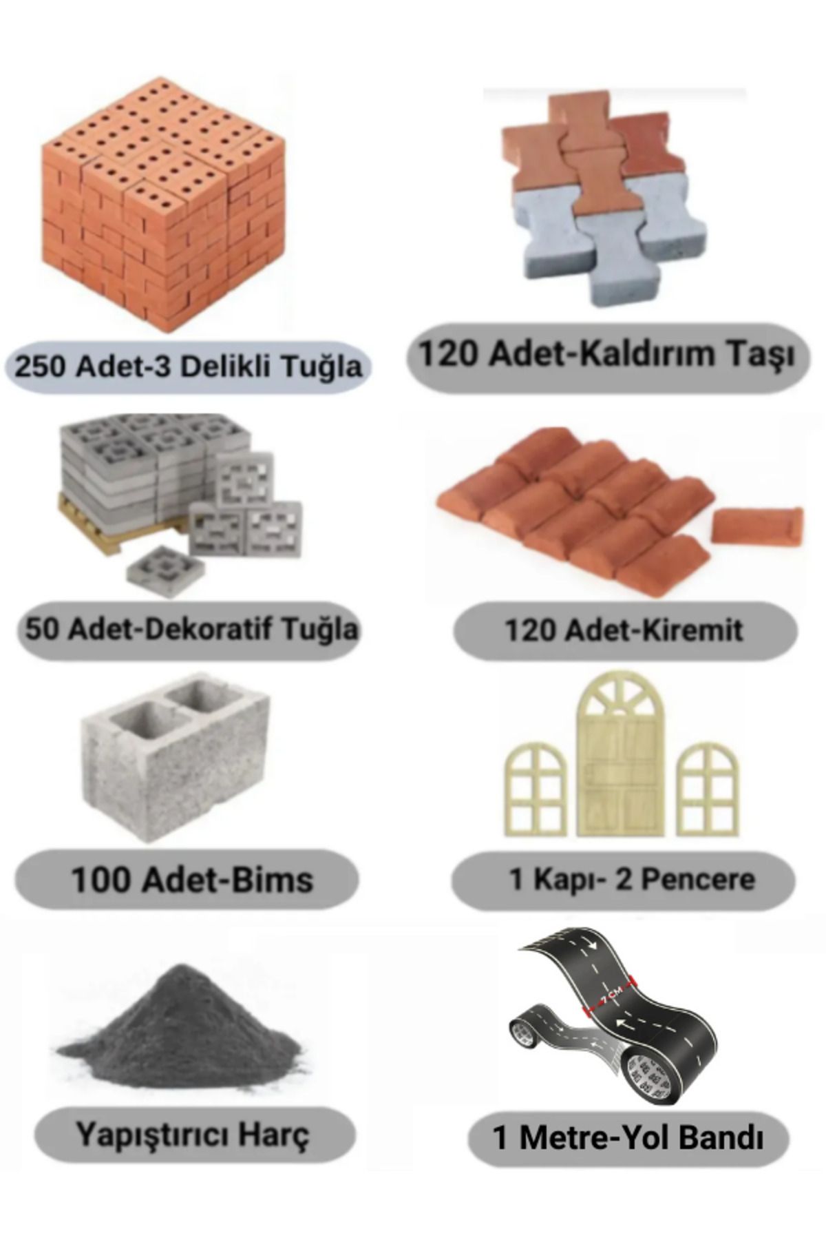 Demir Yapım Minyatür 3 Delikli Tuğla İnşaat Seti (Yol Band'lı) Paket