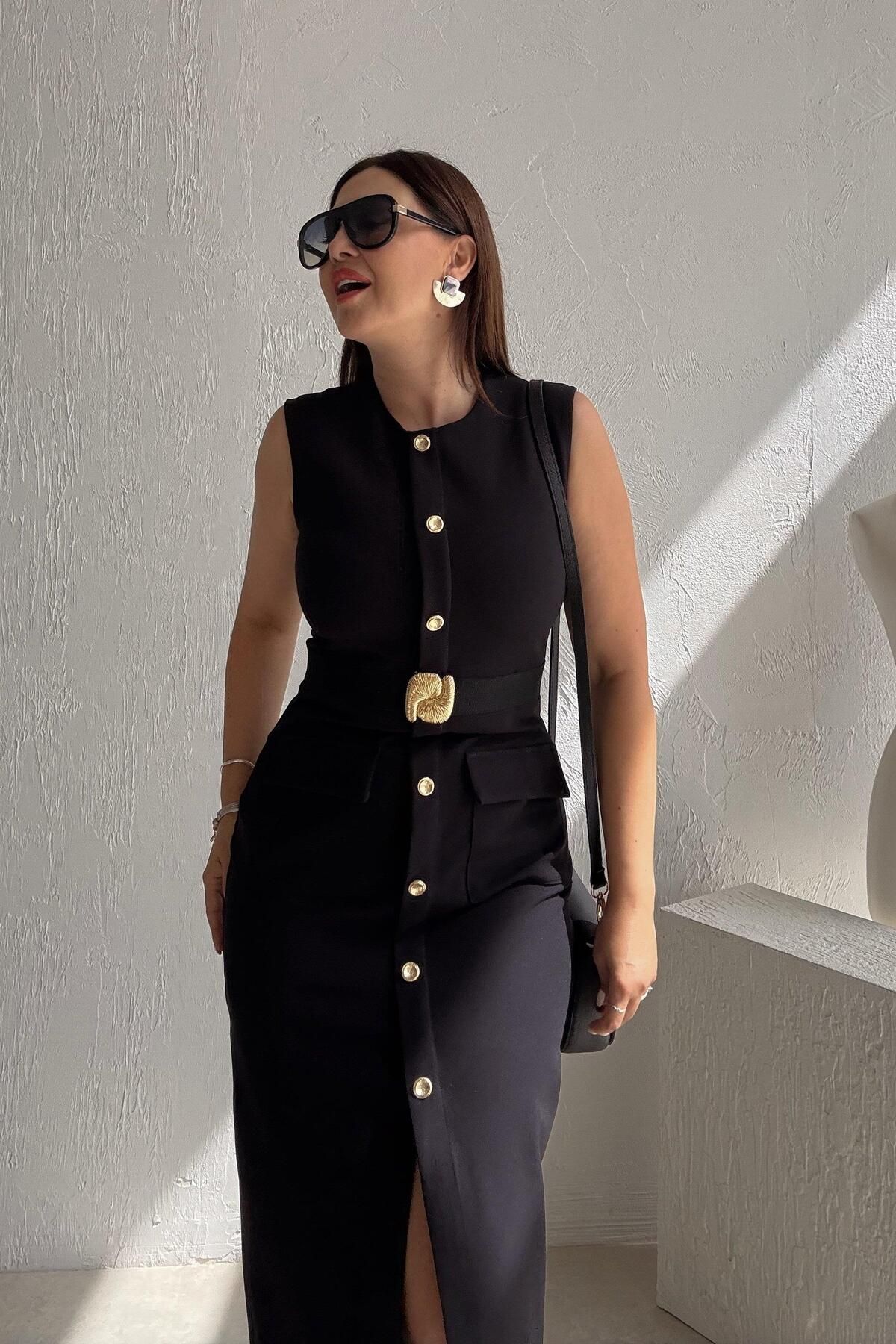 ELVAN TOLON Gold Kemerli Uzun Elbise