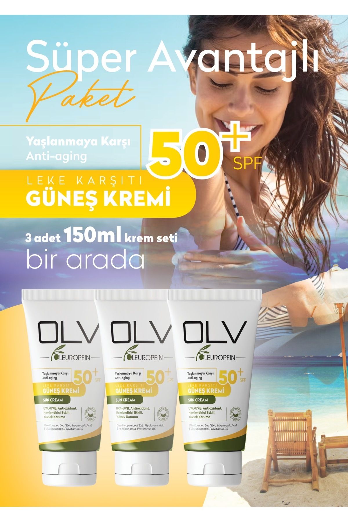 OLV Spf 50 Yaşlanma Karşıtı Leke Karşıtı Güneş Kremi Seti 150 ml 3'lü Süper Avantajlı Paket