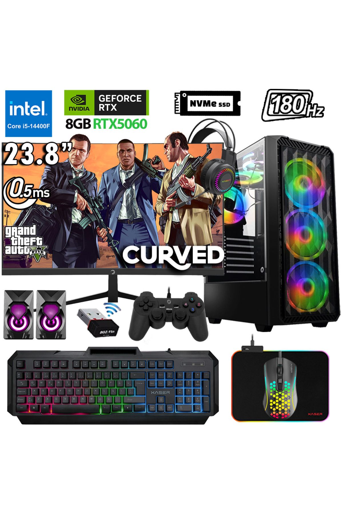 XASER Xsr1123 i5 14400F 32GB DDR5 Ram 1TB M.2 NVMe SSD 8GB RTX5060 23.8" 180Hz Oyuncu Bilgisayarı
