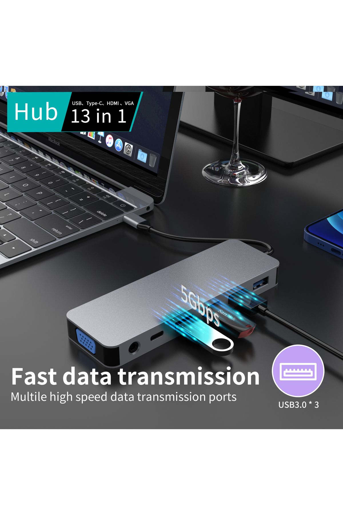 LUVLU-Hub USB C 13 in 1, 2 HDMI 4K, 1 VGA, 1 PD 100W, 1 SD/TF, 1 USB-C, 3 USB 3.0, 1 USB 2.0, Gigabit Lan 5